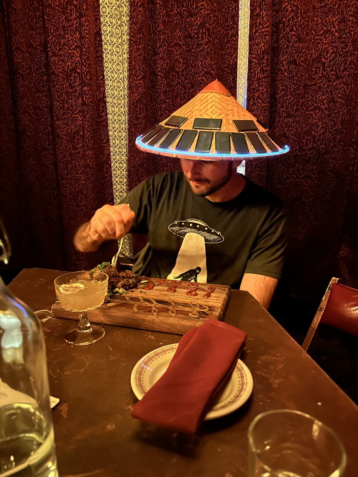 Solar Hat being worn at dinner